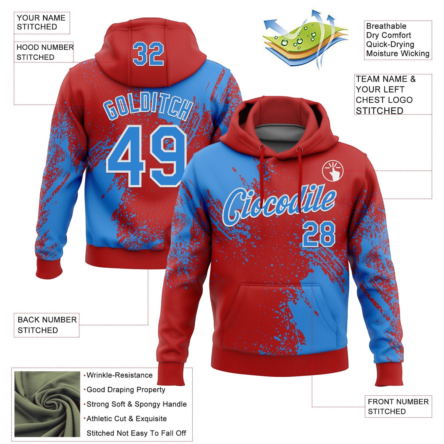 Custom Stitched Red Powder Blue-White 3D Pattern Design Abstract Brush Stroke Sports Pullover Sweatshirt Hoodie view 2