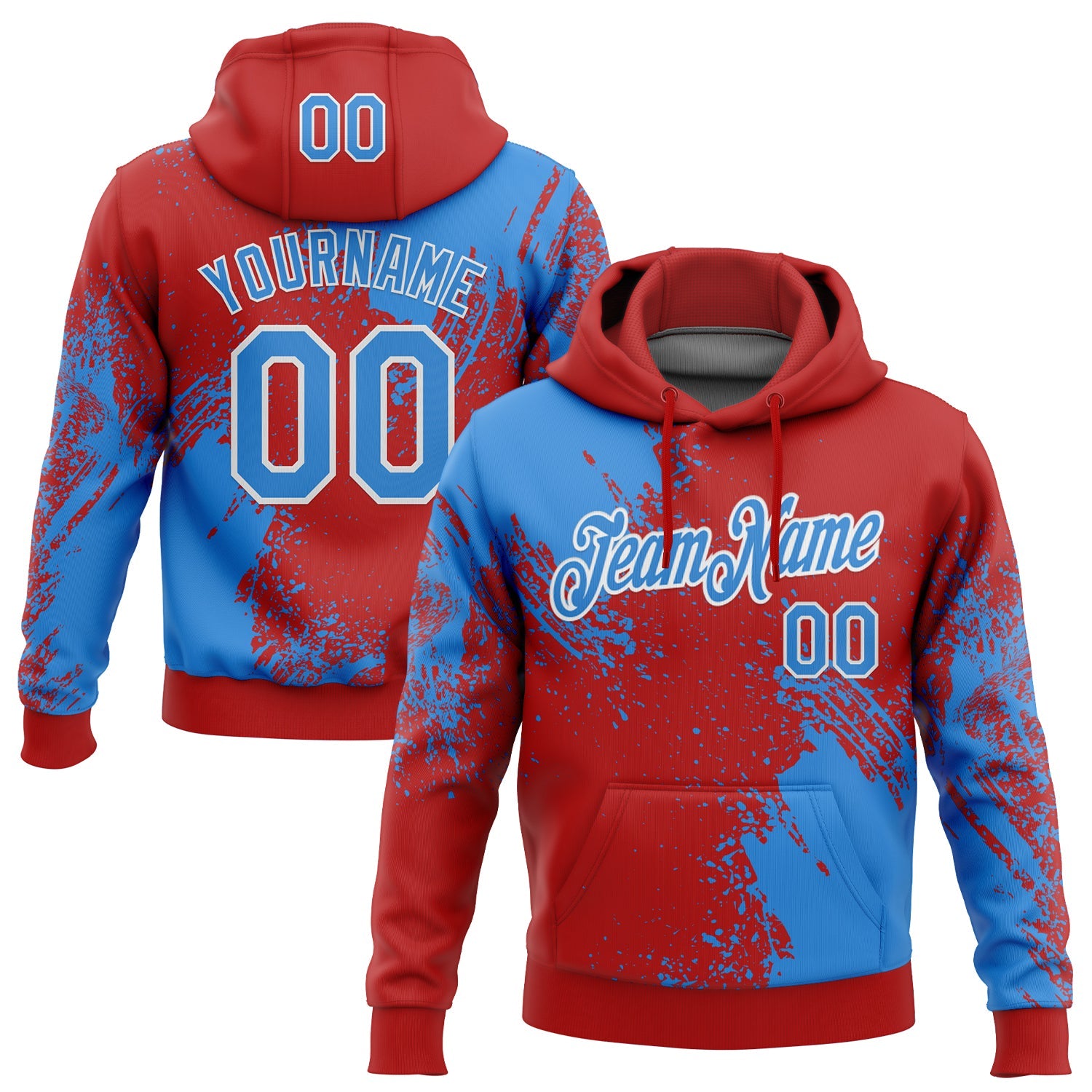 Custom Stitched Red Powder Blue-White 3D Pattern Design Abstract Brush Stroke Sports Pullover Sweatshirt Hoodie - Main View