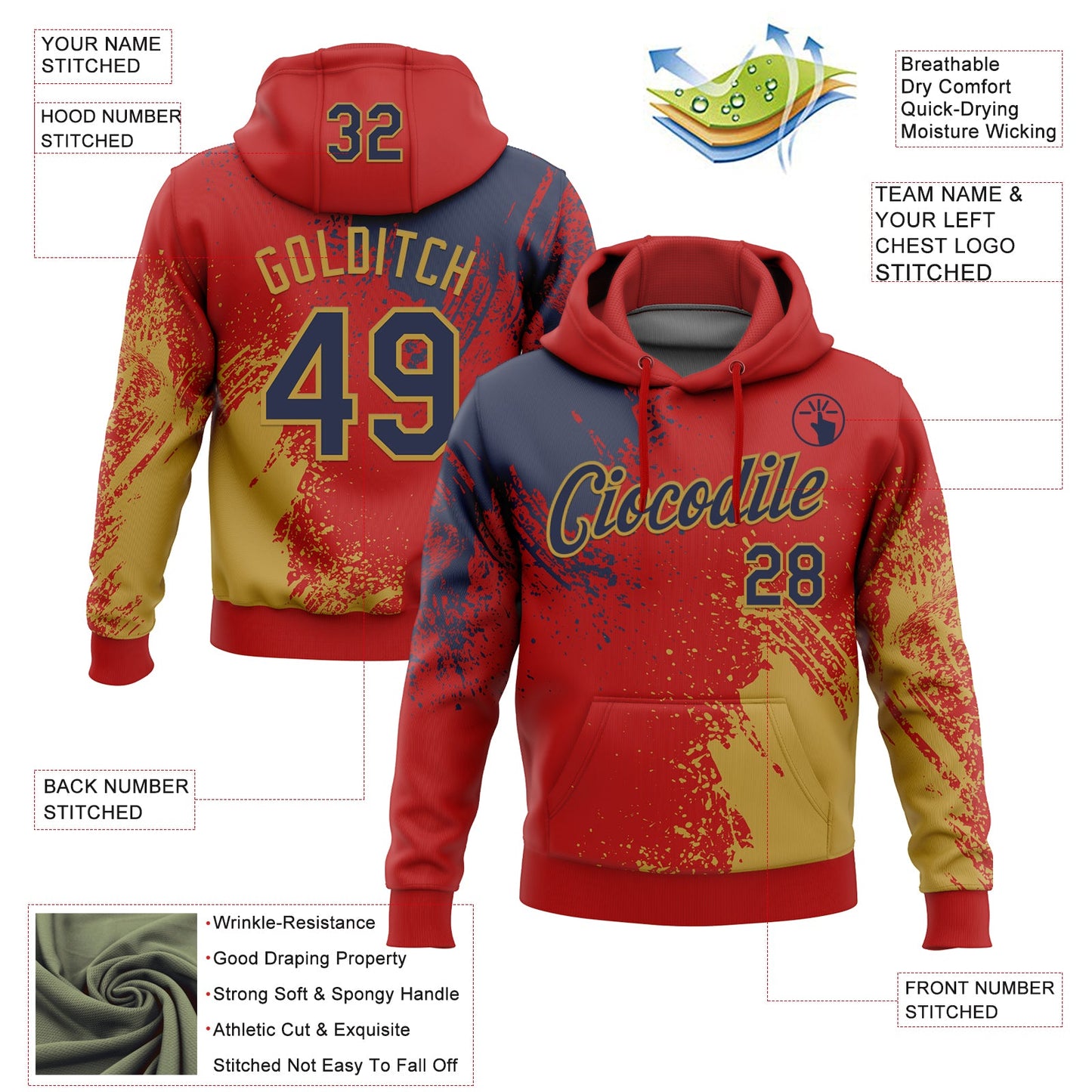 Custom Stitched Red Navy-Old Gold 3D Pattern Design Abstract Brush Stroke Sports Pullover Sweatshirt Hoodie view 2