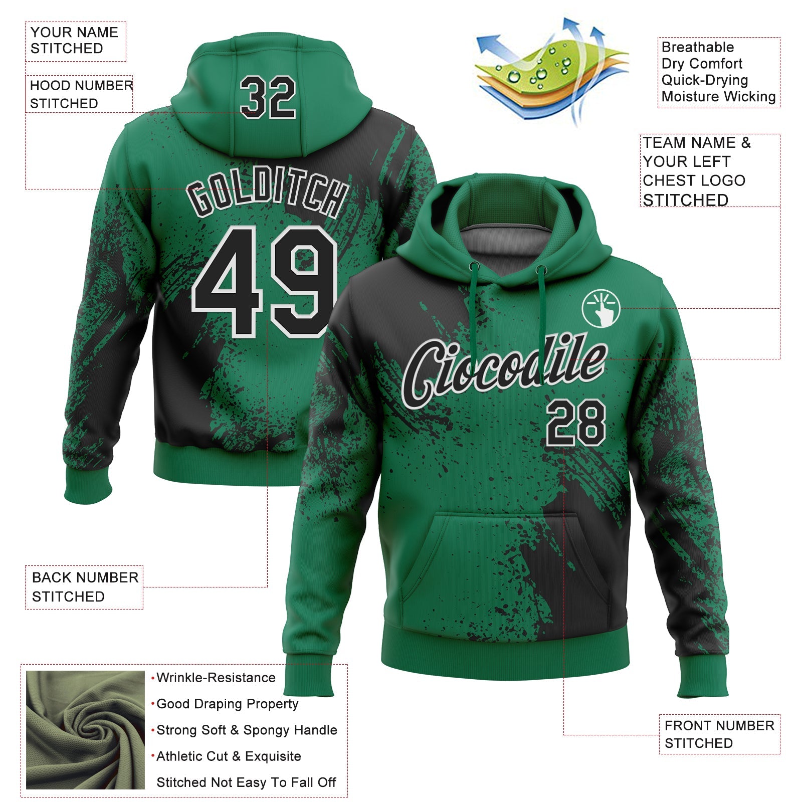 Custom Stitched Kelly Green Black-White 3D Pattern Design Abstract Brush Stroke Sports Pullover Sweatshirt Hoodie view 2