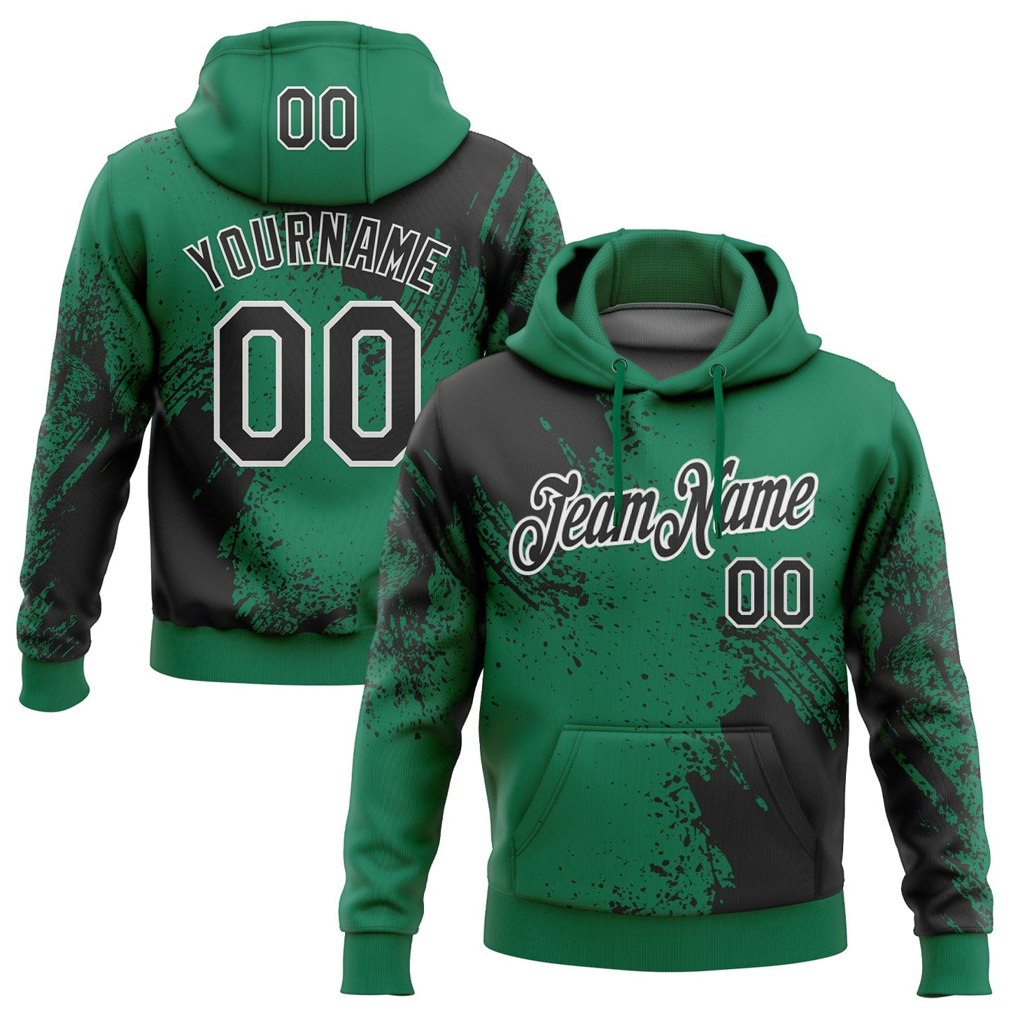 Custom Stitched Kelly Green Black-White 3D Pattern Design Abstract Brush Stroke Sports Pullover Sweatshirt Hoodie - Main View