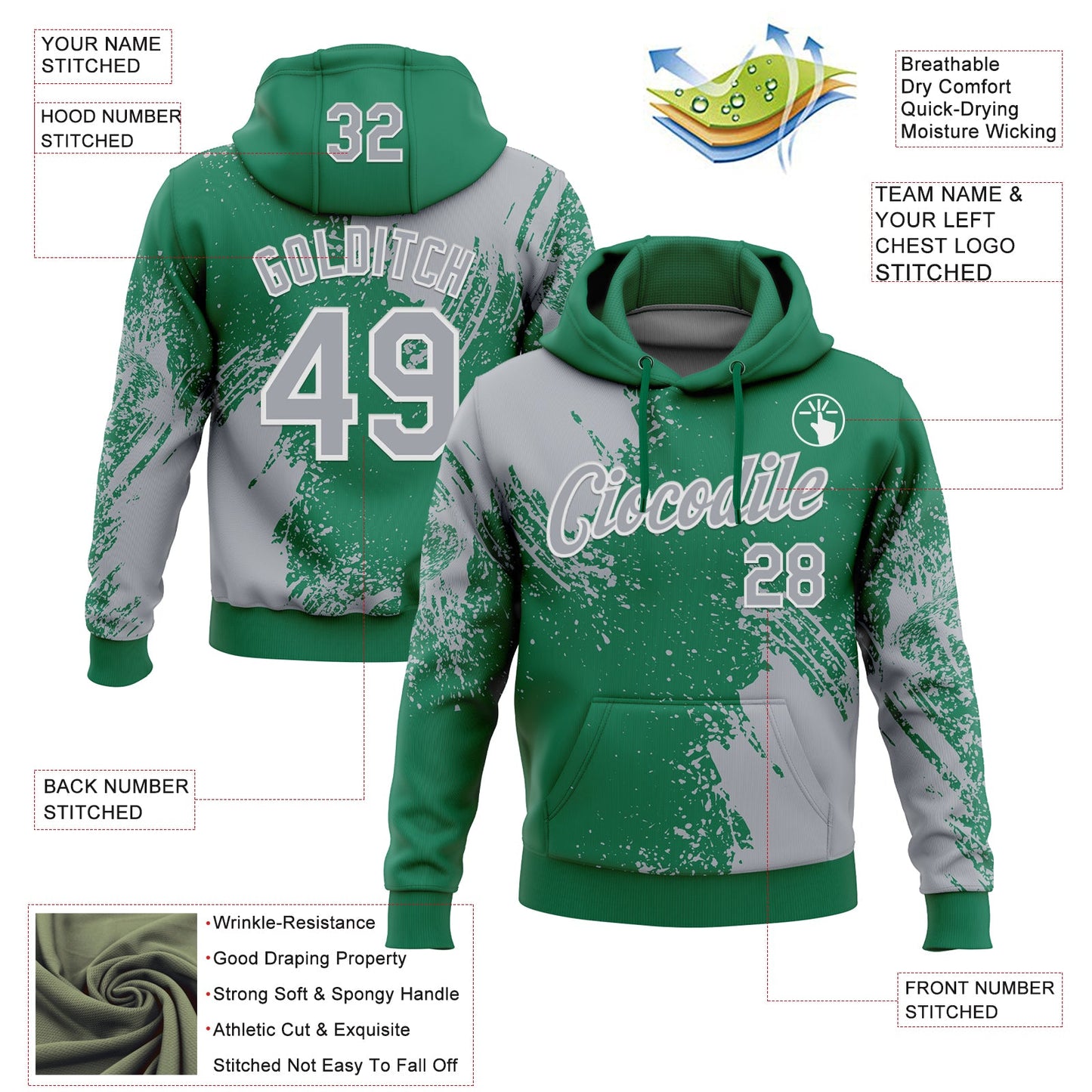Custom Stitched Kelly Green Gray-White 3D Pattern Design Abstract Brush Stroke Sports Pullover Sweatshirt Hoodie view 2