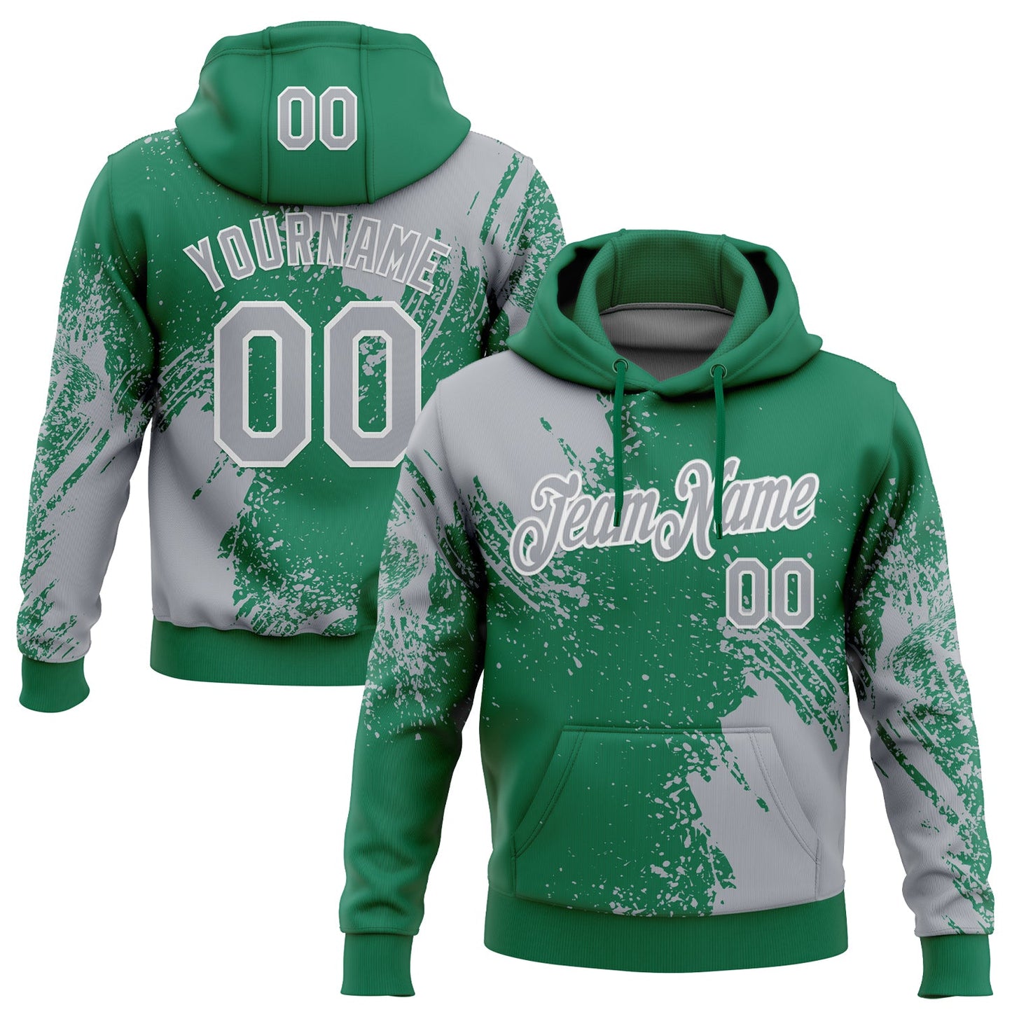 Custom Stitched Kelly Green Gray-White 3D Pattern Design Abstract Brush Stroke Sports Pullover Sweatshirt Hoodie - Main View