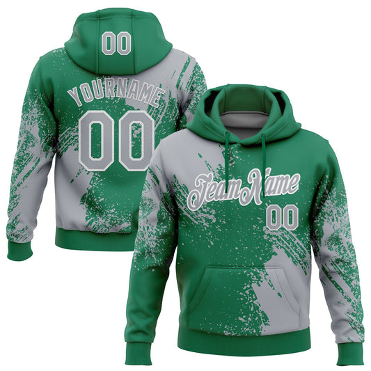 Custom Stitched Kelly Green Gray-White 3D Pattern Design Abstract Brush Stroke Sports Pullover Sweatshirt Hoodie - Main View