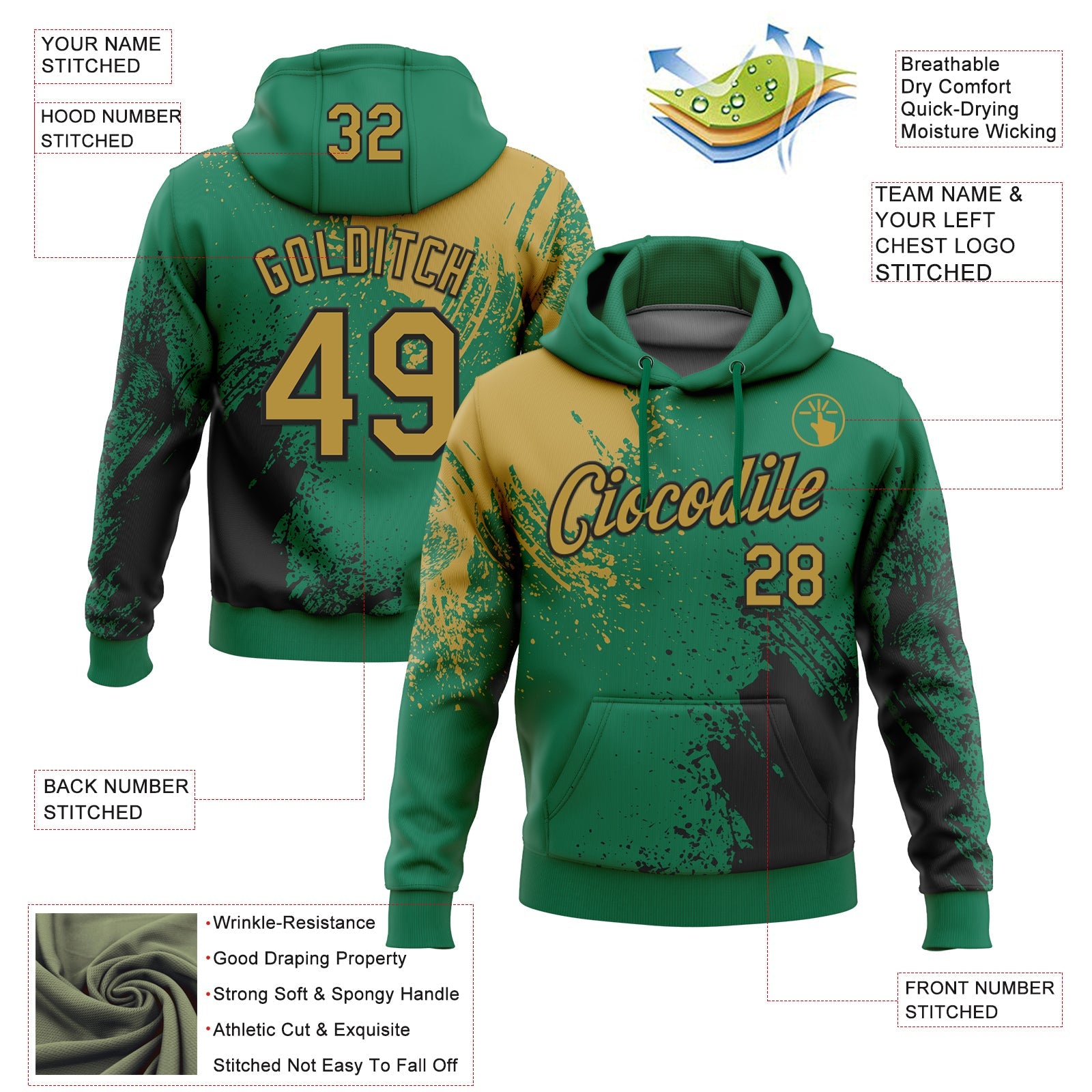 Custom Stitched Kelly Green Old Gold-Black 3D Pattern Design Abstract Brush Stroke Sports Pullover Sweatshirt Hoodie view 2
