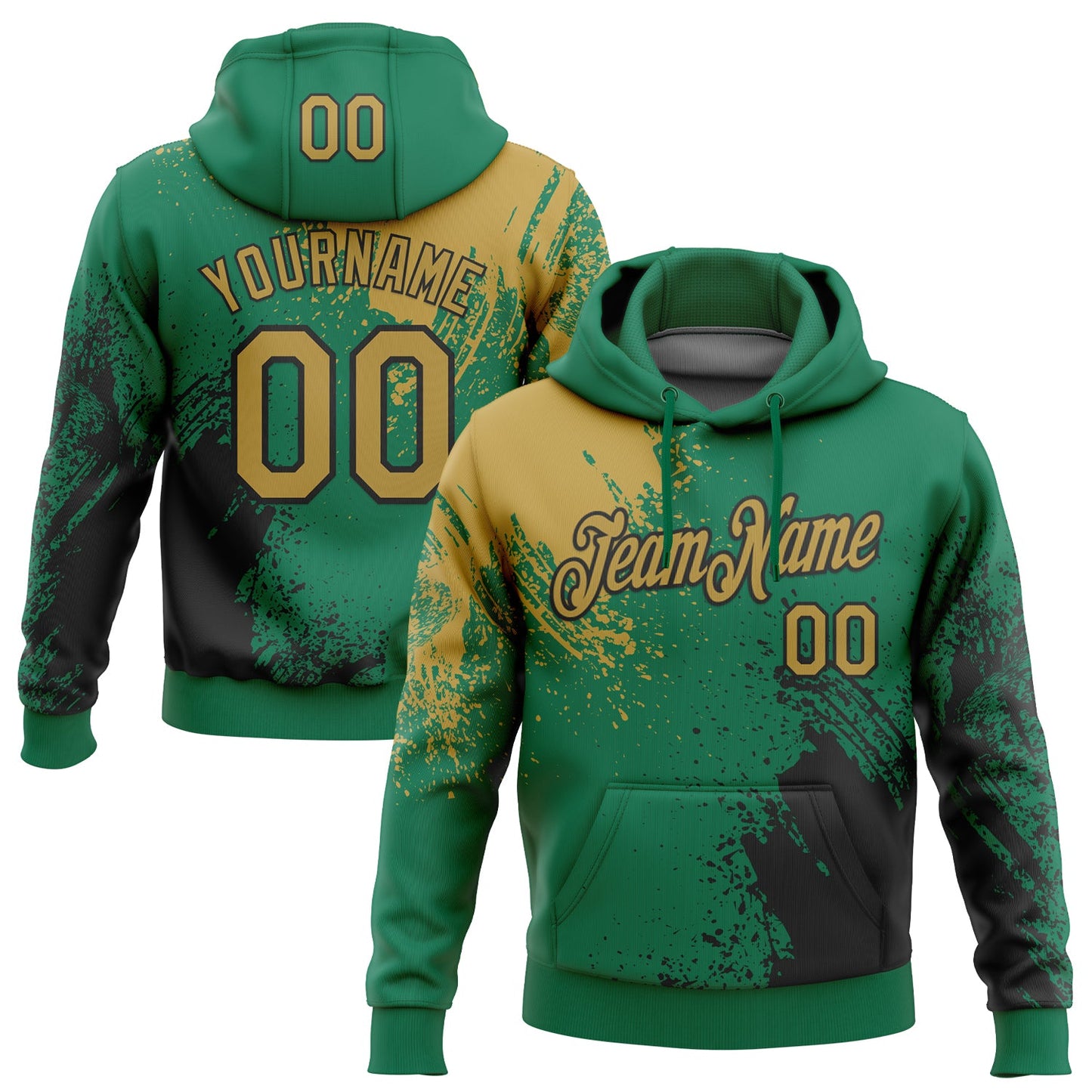 Custom Stitched Kelly Green Old Gold-Black 3D Pattern Design Abstract Brush Stroke Sports Pullover Sweatshirt Hoodie - Main View