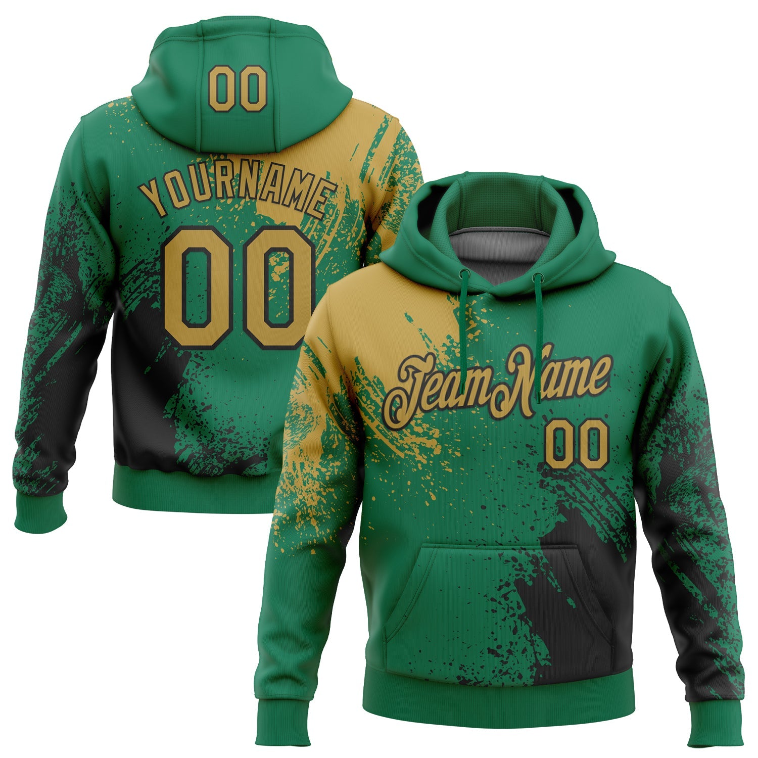 Custom Stitched Kelly Green Old Gold-Black 3D Pattern Design Abstract Brush Stroke Sports Pullover Sweatshirt Hoodie - Main View