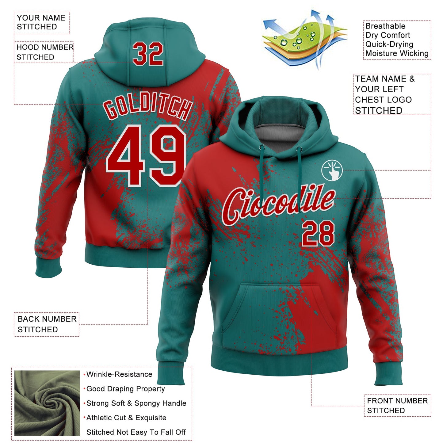 Custom Stitched Teal Red-White 3D Pattern Design Abstract Brush Stroke Sports Pullover Sweatshirt Hoodie view 2