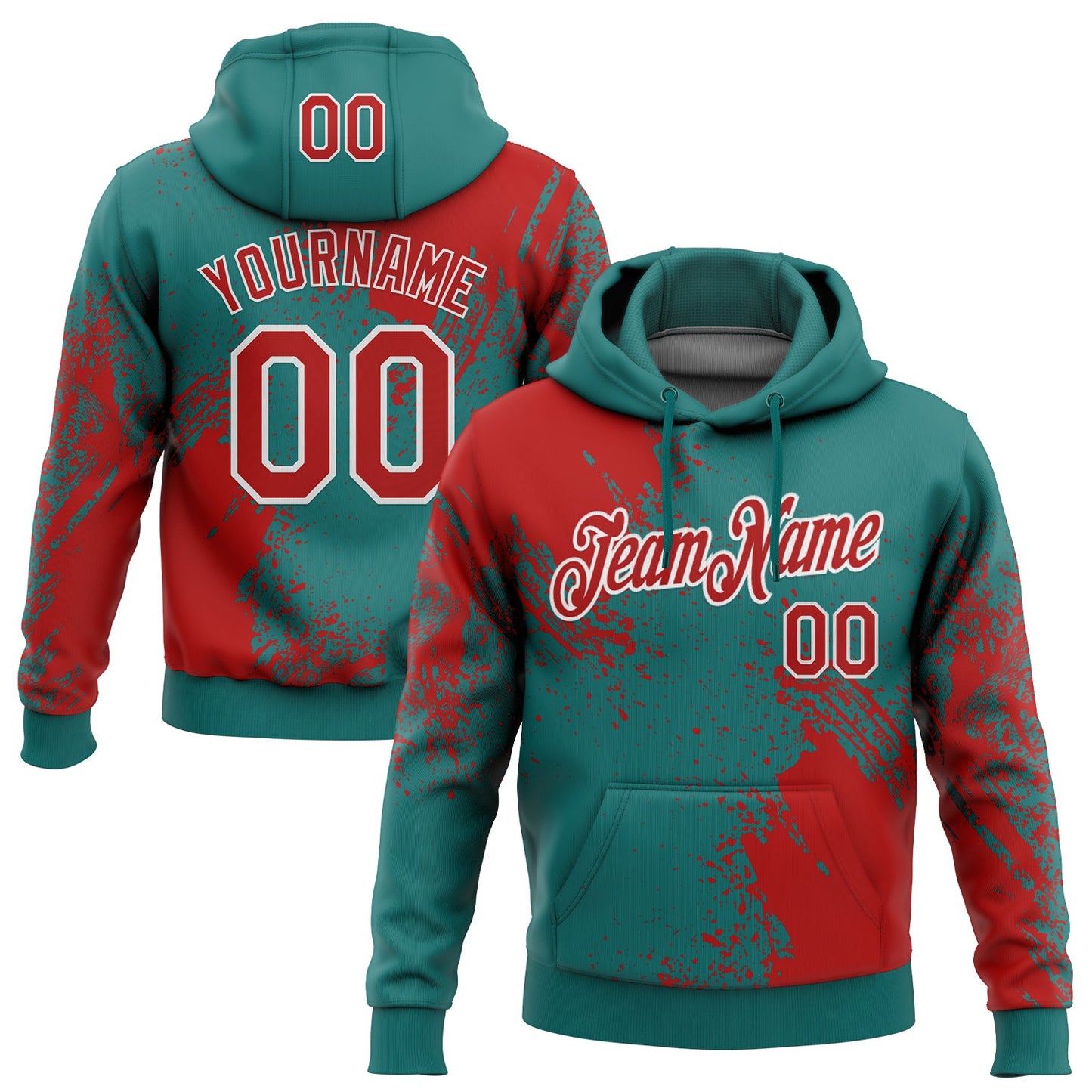 Custom Stitched Teal Red-White 3D Pattern Design Abstract Brush Stroke Sports Pullover Sweatshirt Hoodie - Main View