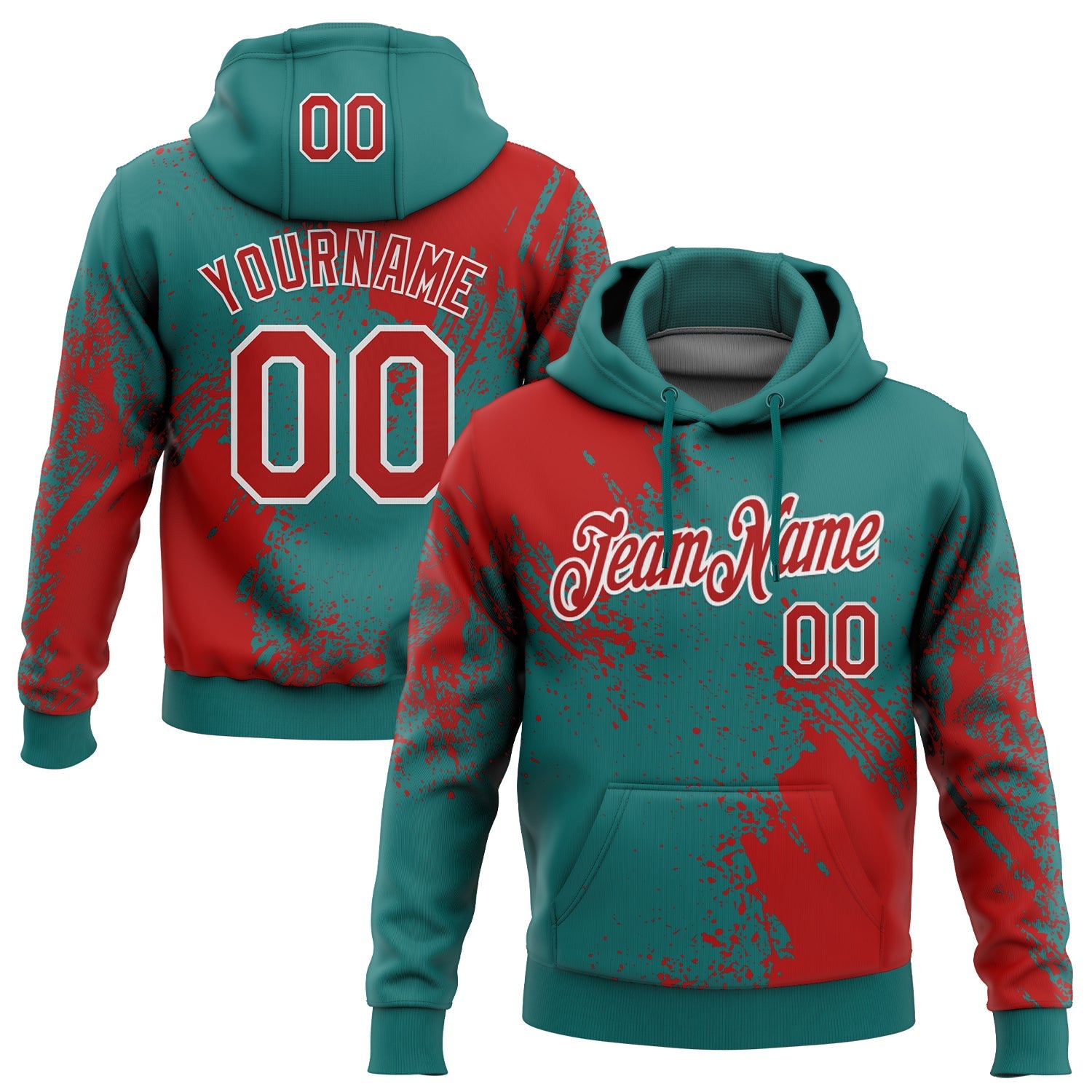 Custom Stitched Teal Red-White 3D Pattern Design Abstract Brush Stroke Sports Pullover Sweatshirt Hoodie - Main View