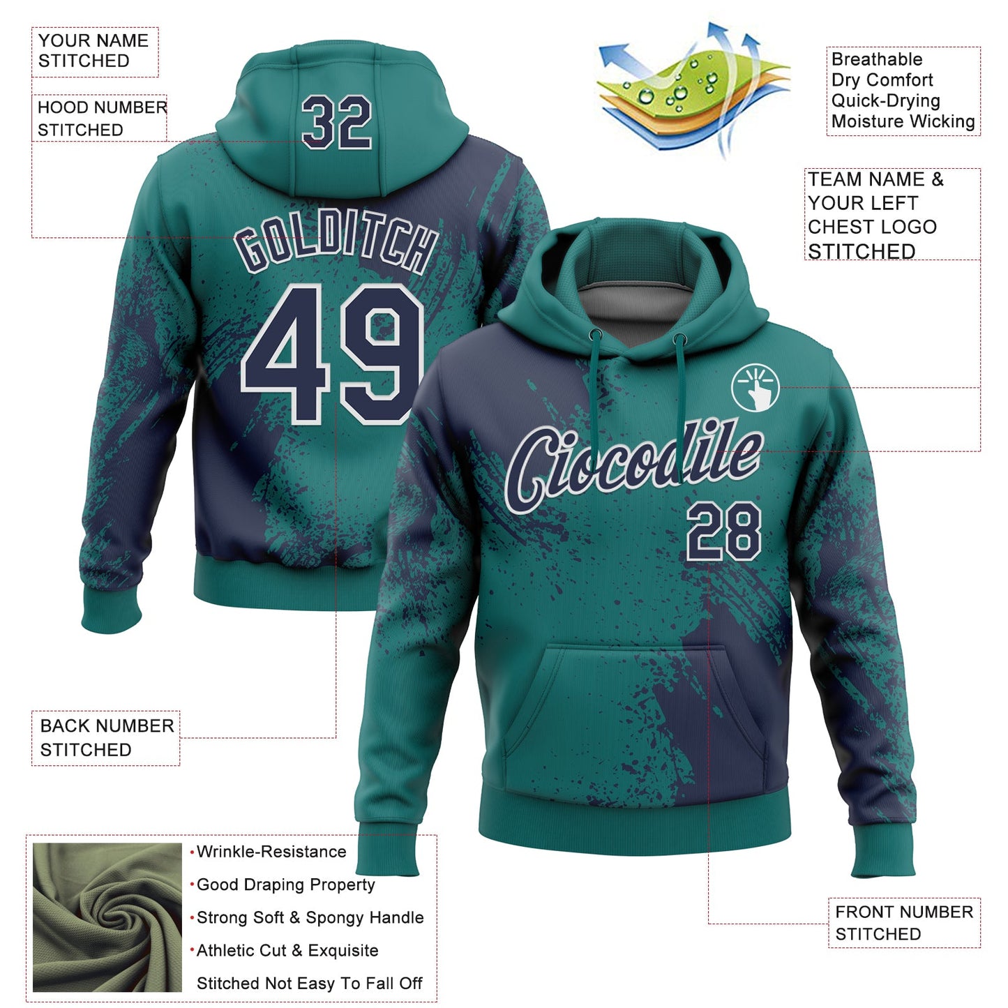 Custom Stitched Teal Navy-White 3D Pattern Design Abstract Brush Stroke Sports Pullover Sweatshirt Hoodie view 2