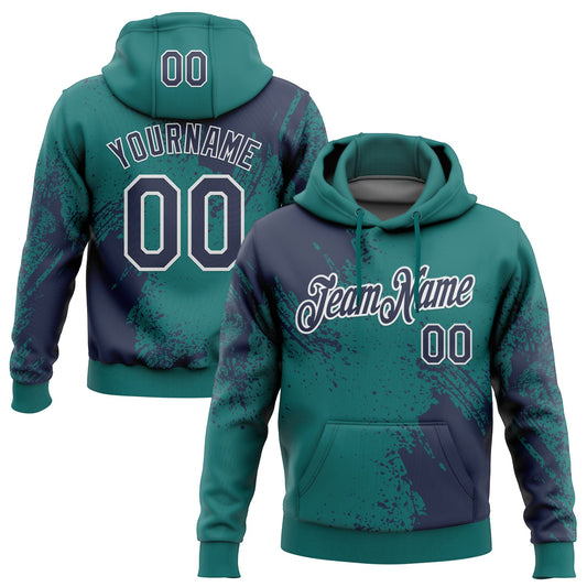 Custom Stitched Teal Navy-White 3D Pattern Design Abstract Brush Stroke Sports Pullover Sweatshirt Hoodie - Main View