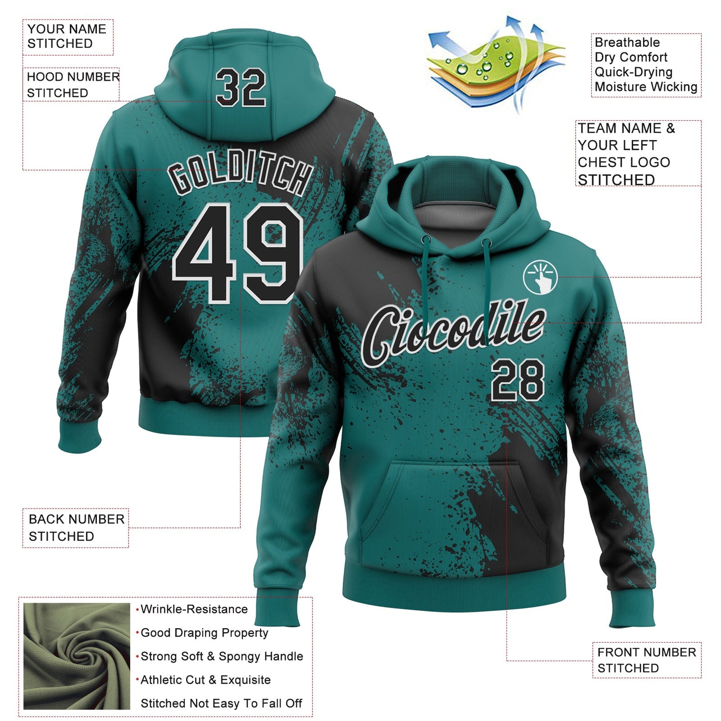 Custom Stitched Teal Black-White 3D Pattern Design Abstract Brush Stroke Sports Pullover Sweatshirt Hoodie view 2