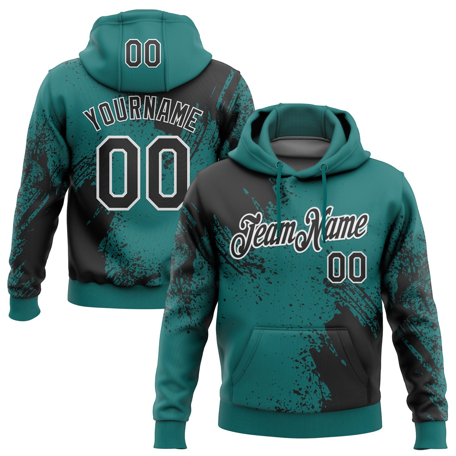 Custom Stitched Teal Black-White 3D Pattern Design Abstract Brush Stroke Sports Pullover Sweatshirt Hoodie - Main View