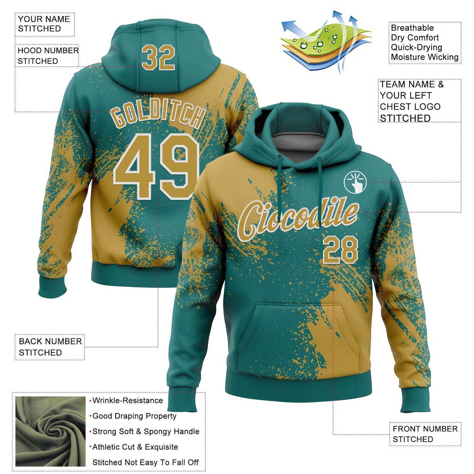 Custom Stitched Teal Old Gold-White 3D Pattern Design Abstract Brush Stroke Sports Pullover Sweatshirt Hoodie view 2