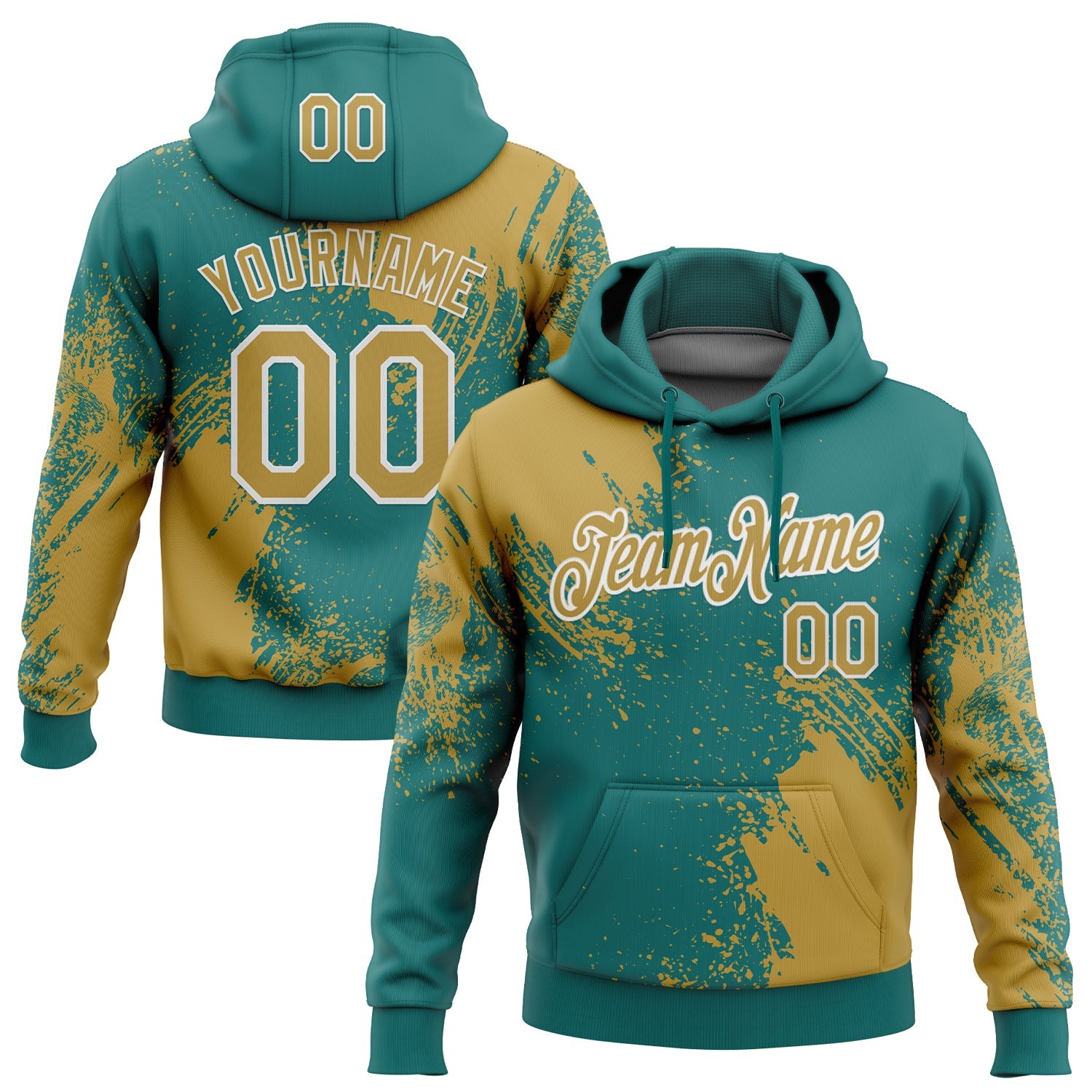 Custom Stitched Teal Old Gold-White 3D Pattern Design Abstract Brush Stroke Sports Pullover Sweatshirt Hoodie - Main View