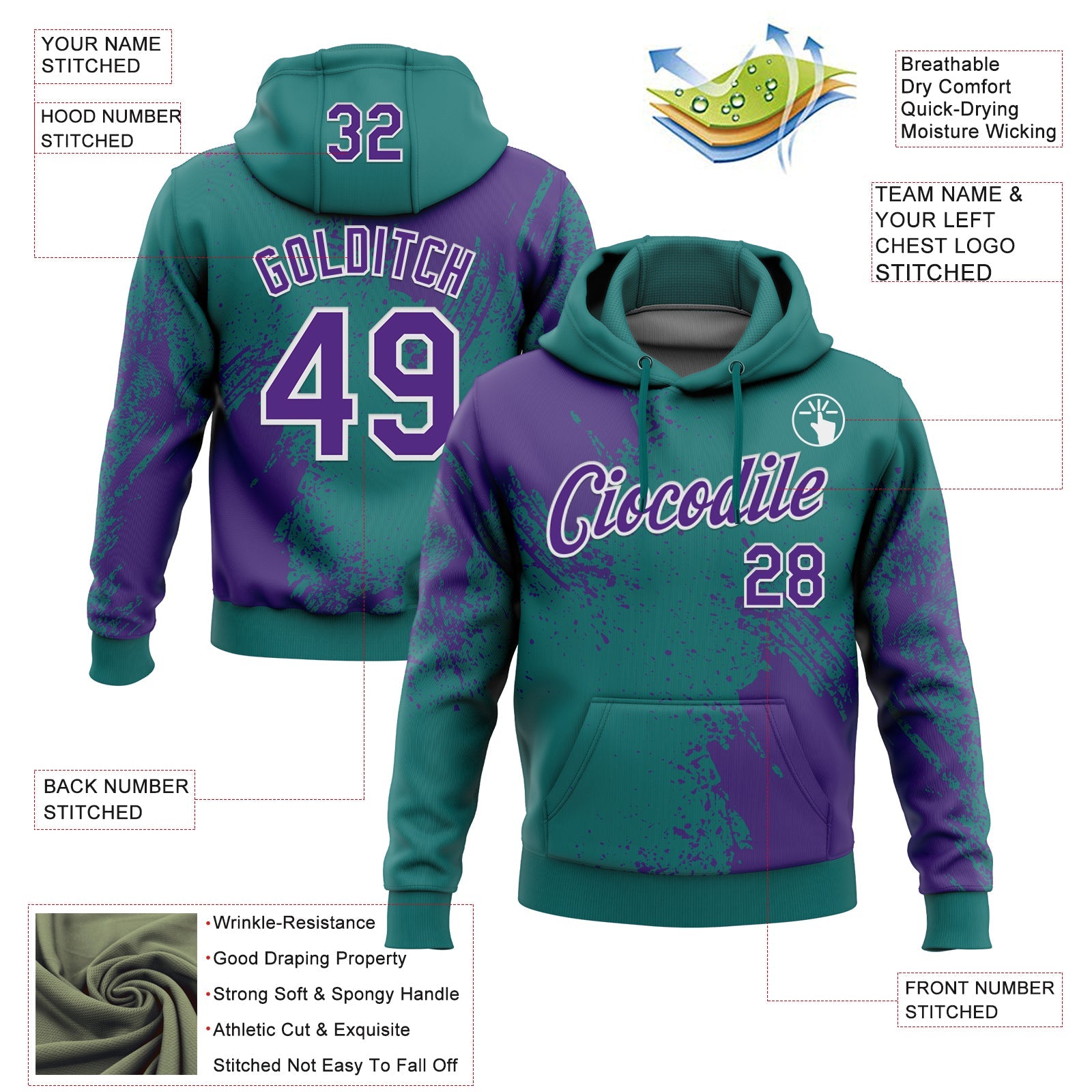 Custom Stitched Teal Purple-White 3D Pattern Design Abstract Brush Stroke Sports Pullover Sweatshirt Hoodie view 2