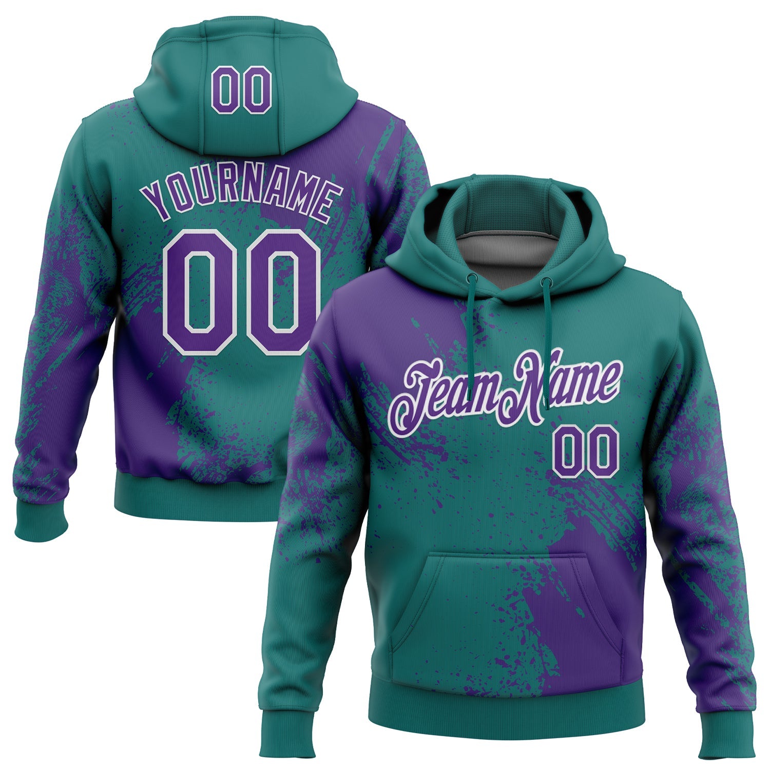 Custom Stitched Teal Purple-White 3D Pattern Design Abstract Brush Stroke Sports Pullover Sweatshirt Hoodie - Main View
