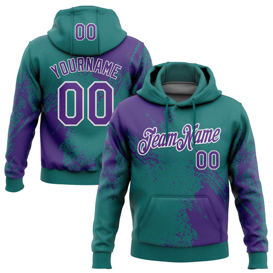 Custom Stitched Teal Purple-White 3D Pattern Design Abstract Brush Stroke Sports Pullover Sweatshirt Hoodie - Main View