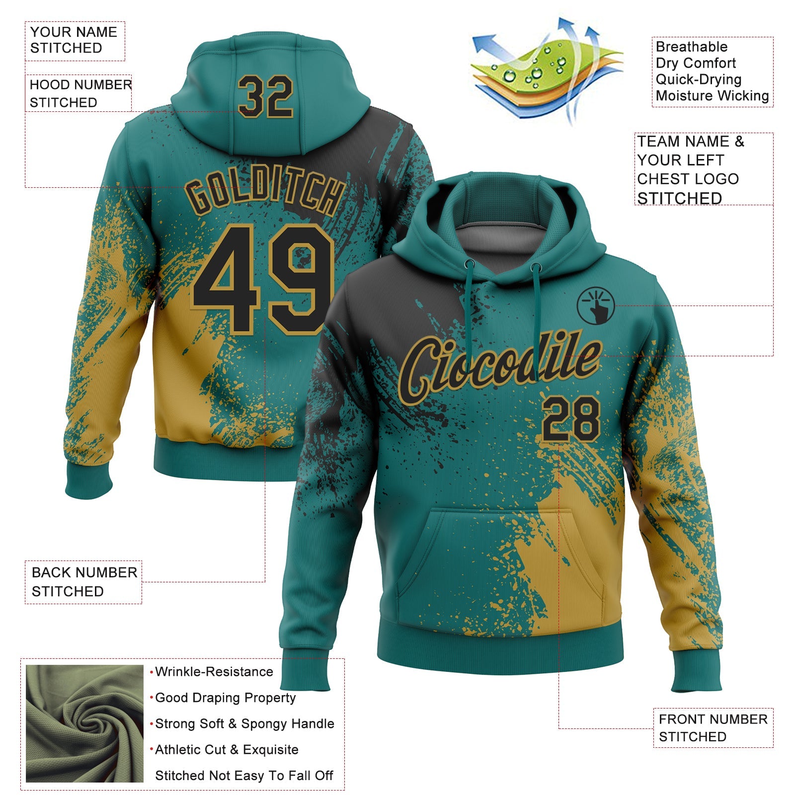 Custom Stitched Teal Black-Old Gold 3D Pattern Design Abstract Brush Stroke Sports Pullover Sweatshirt Hoodie view 2