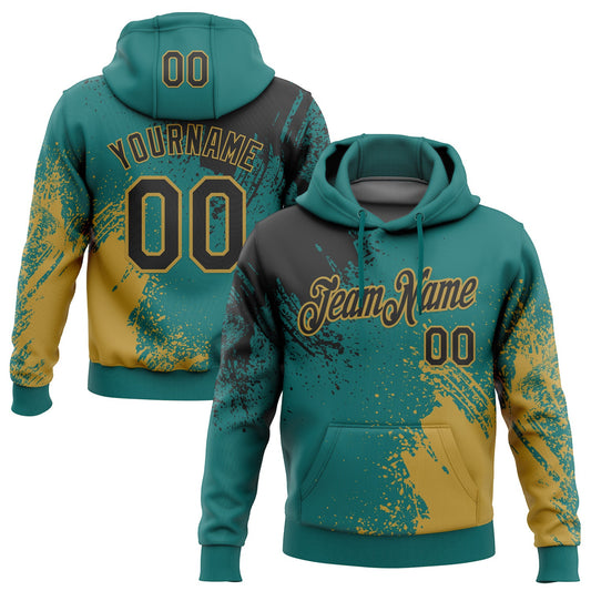 Custom Stitched Teal Black-Old Gold 3D Pattern Design Abstract Brush Stroke Sports Pullover Sweatshirt Hoodie - Main View