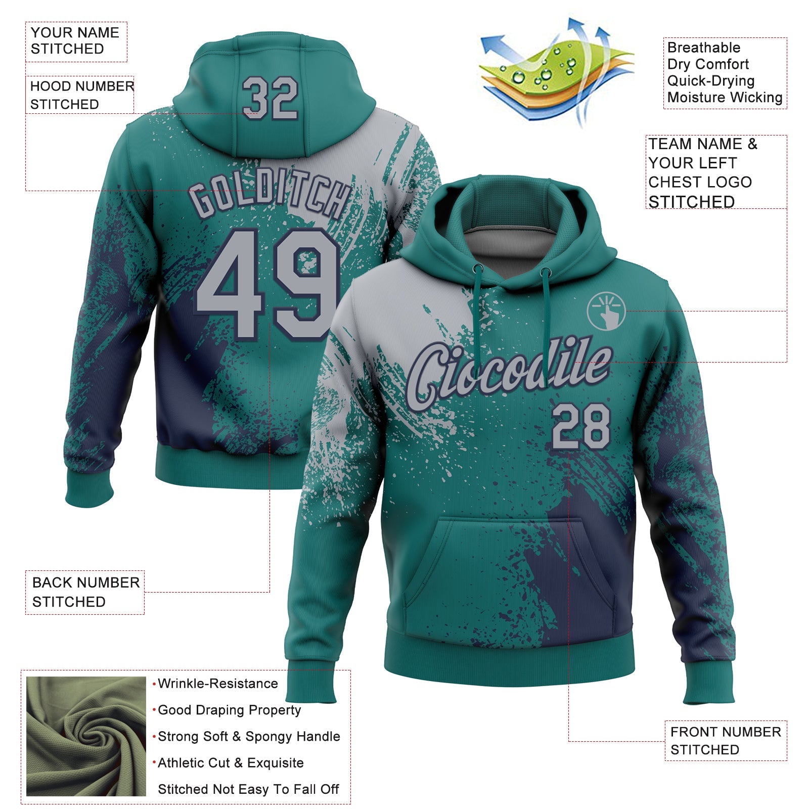 Custom Stitched Teal Gray-Navy 3D Pattern Design Abstract Brush Stroke Sports Pullover Sweatshirt Hoodie view 2