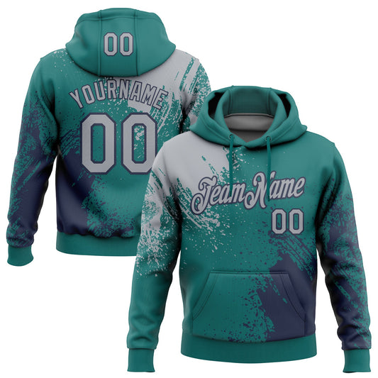 Custom Stitched Teal Gray-Navy 3D Pattern Design Abstract Brush Stroke Sports Pullover Sweatshirt Hoodie - Main View
