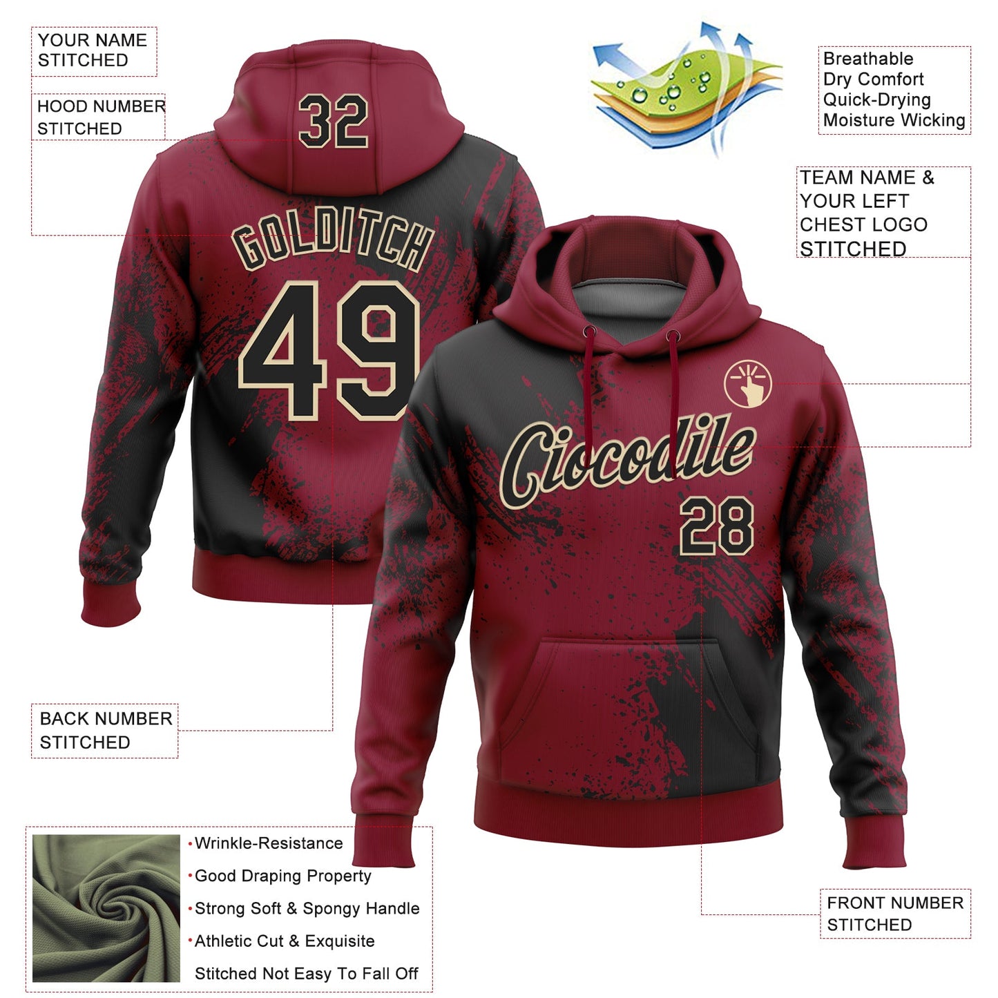 Custom Stitched Crimson Black-Cream 3D Pattern Design Abstract Brush Stroke Sports Pullover Sweatshirt Hoodie view 2