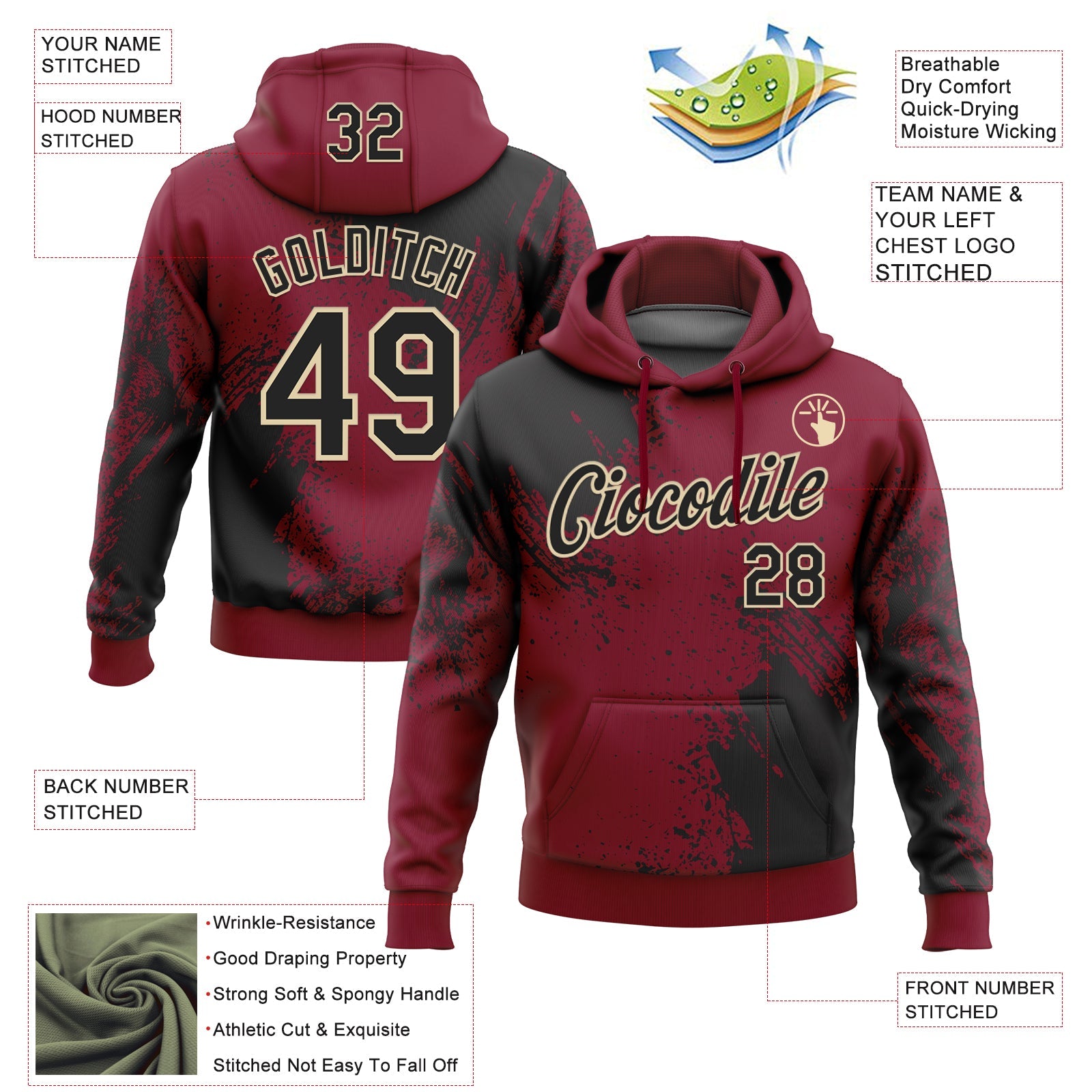 Custom Stitched Crimson Black-Cream 3D Pattern Design Abstract Brush Stroke Sports Pullover Sweatshirt Hoodie view 2