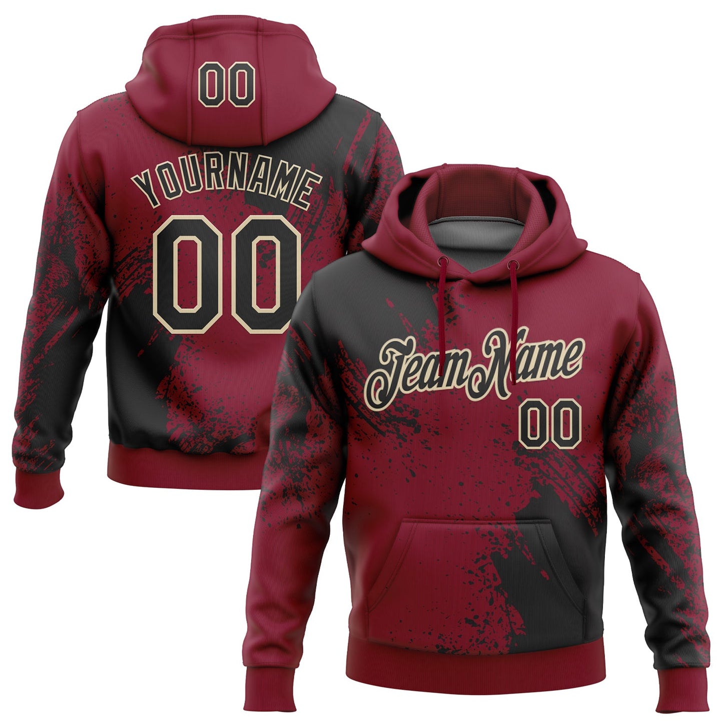 Custom Stitched Crimson Black-Cream 3D Pattern Design Abstract Brush Stroke Sports Pullover Sweatshirt Hoodie - Main View