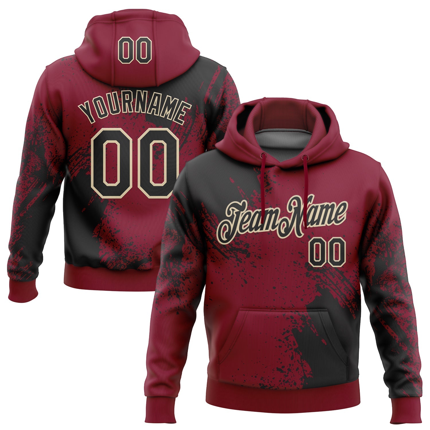 Custom Stitched Crimson Black-Cream 3D Pattern Design Abstract Brush Stroke Sports Pullover Sweatshirt Hoodie - Main View