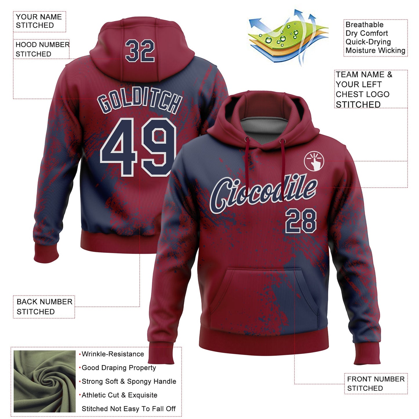 Custom Stitched Crimson Navy-White 3D Pattern Design Abstract Brush Stroke Sports Pullover Sweatshirt Hoodie view 2