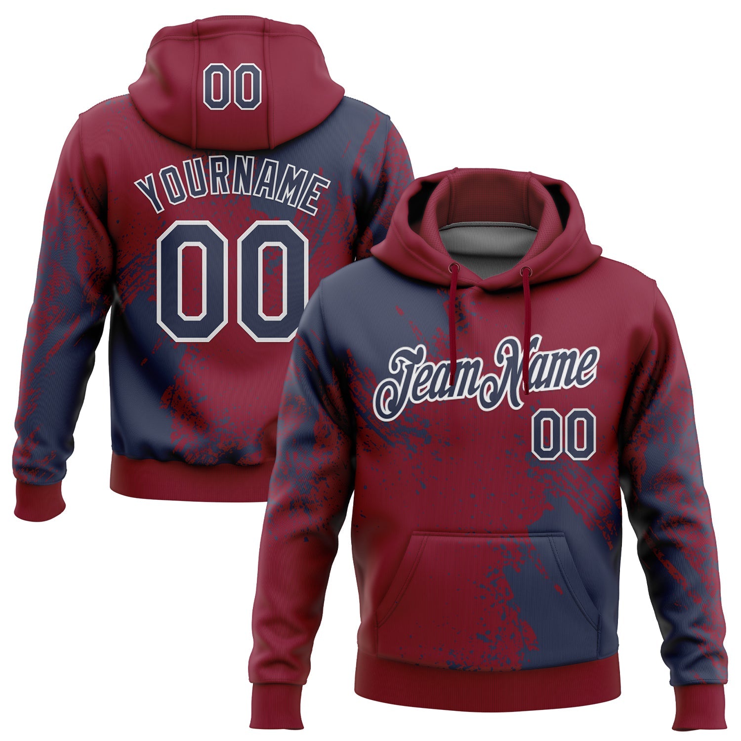 Custom Stitched Crimson Navy-White 3D Pattern Design Abstract Brush Stroke Sports Pullover Sweatshirt Hoodie - Main View