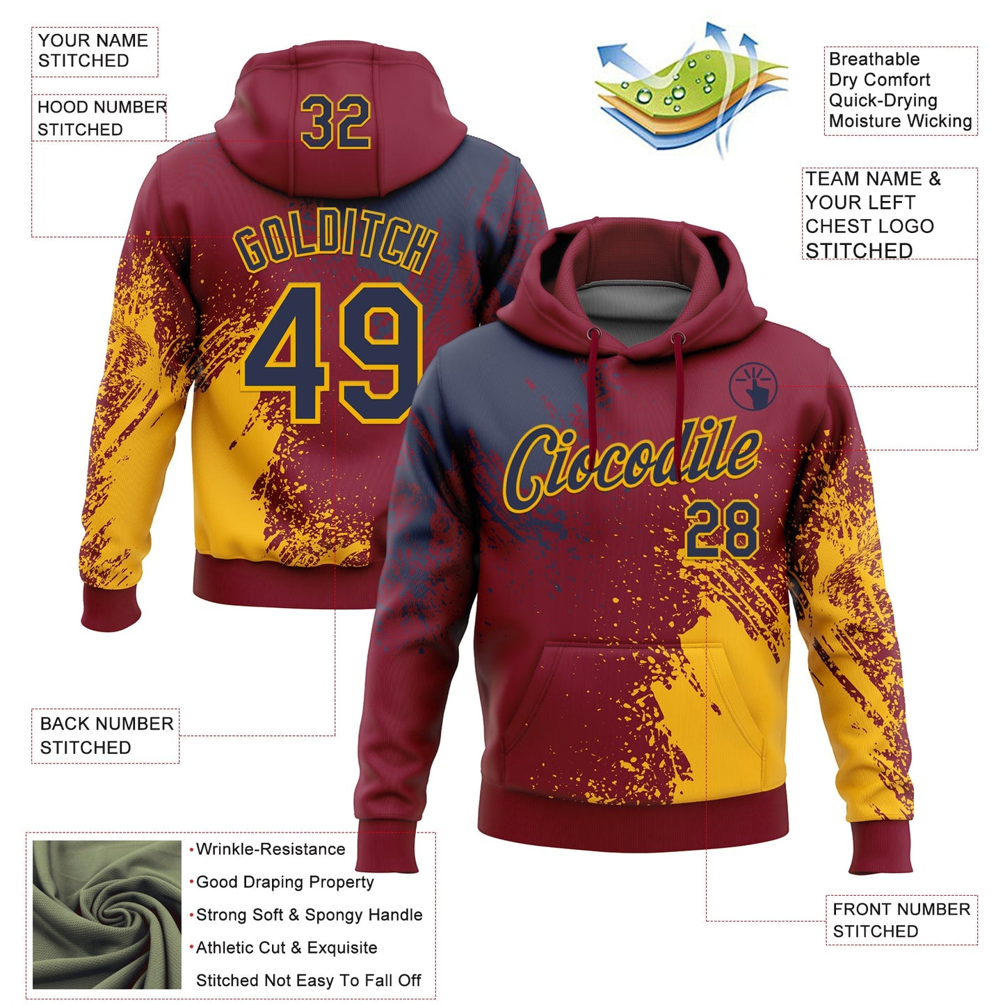Custom Stitched Crimson Navy-Gold 3D Pattern Design Abstract Brush Stroke Sports Pullover Sweatshirt Hoodie view 2