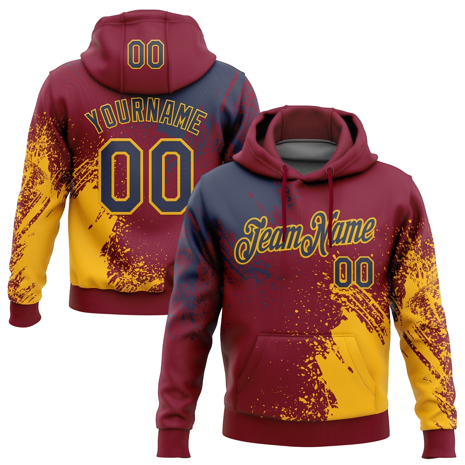 Custom Stitched Crimson Navy-Gold 3D Pattern Design Abstract Brush Stroke Sports Pullover Sweatshirt Hoodie - Main View