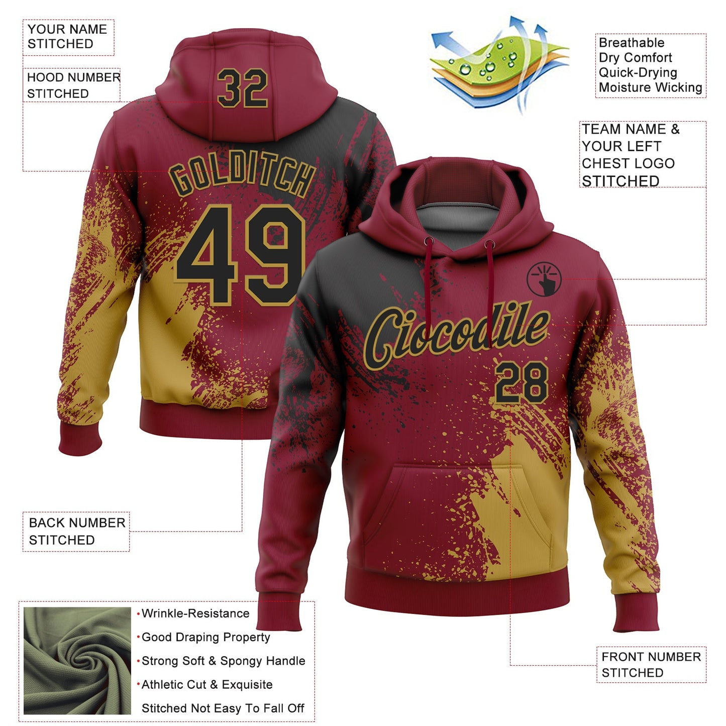 Custom Stitched Crimson Black-Old Gold 3D Pattern Design Abstract Brush Stroke Sports Pullover Sweatshirt Hoodie view 2