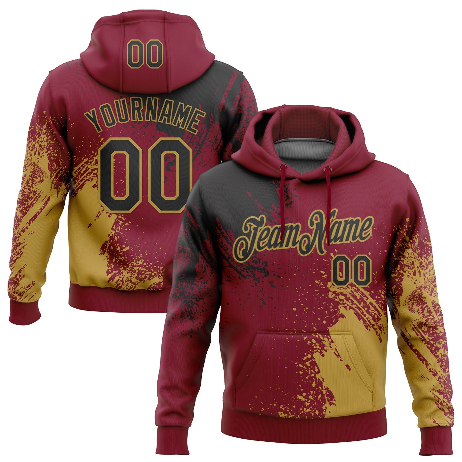 Custom Stitched Crimson Black-Old Gold 3D Pattern Design Abstract Brush Stroke Sports Pullover Sweatshirt Hoodie - Main View