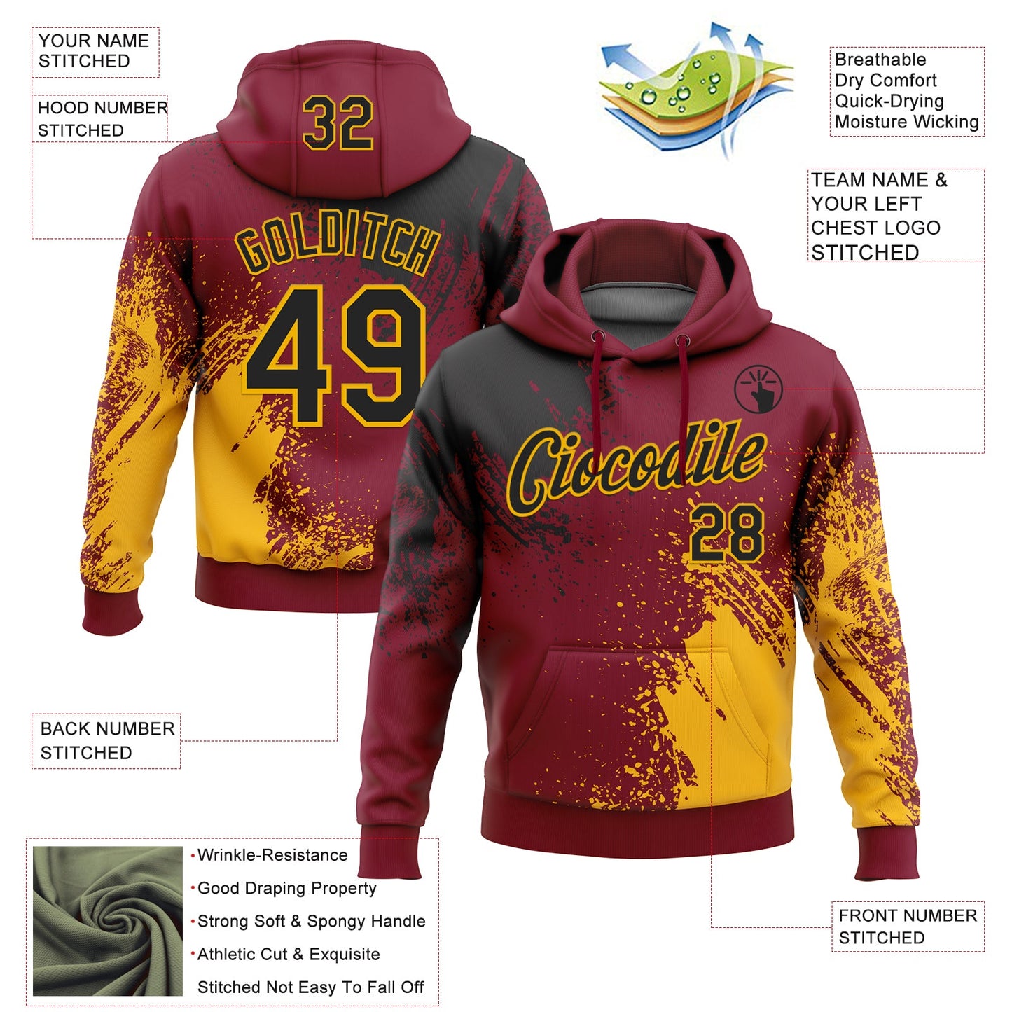 Custom Stitched Crimson Black-Gold 3D Pattern Design Abstract Brush Stroke Sports Pullover Sweatshirt Hoodie view 2