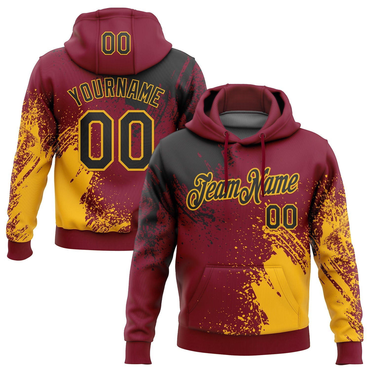 Custom Stitched Crimson Black-Gold 3D Pattern Design Abstract Brush Stroke Sports Pullover Sweatshirt Hoodie - Main View