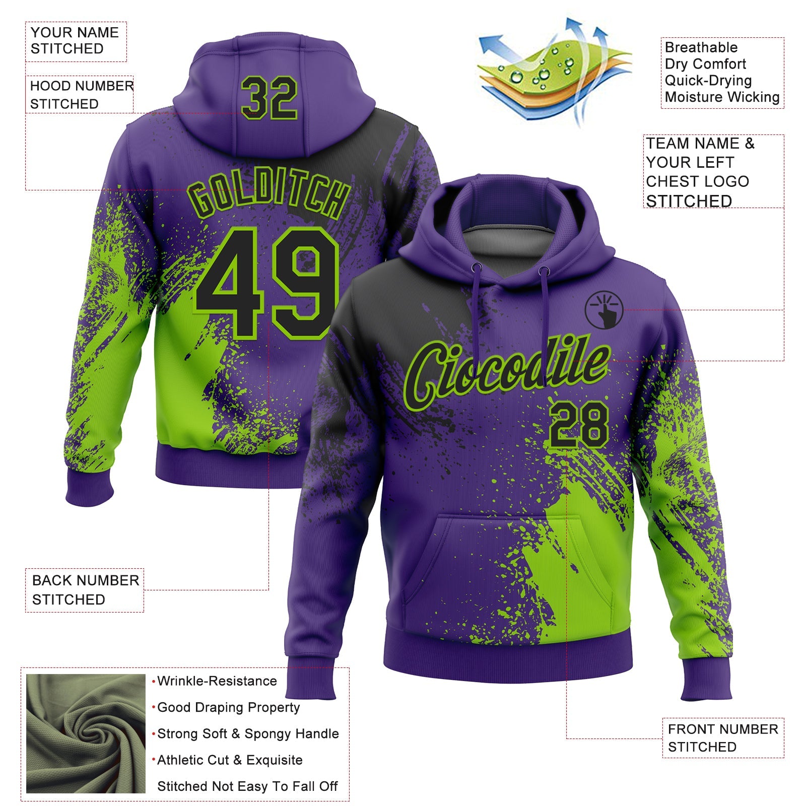 Custom Stitched Purple Black-Neon Green 3D Pattern Design Abstract Brush Stroke Sports Pullover Sweatshirt Hoodie view 2