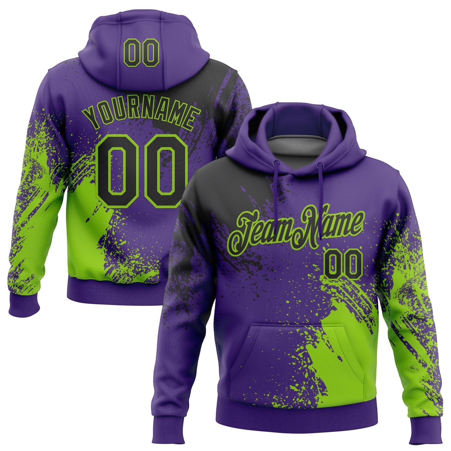 Custom Stitched Purple Black-Neon Green 3D Pattern Design Abstract Brush Stroke Sports Pullover Sweatshirt Hoodie - Main View
