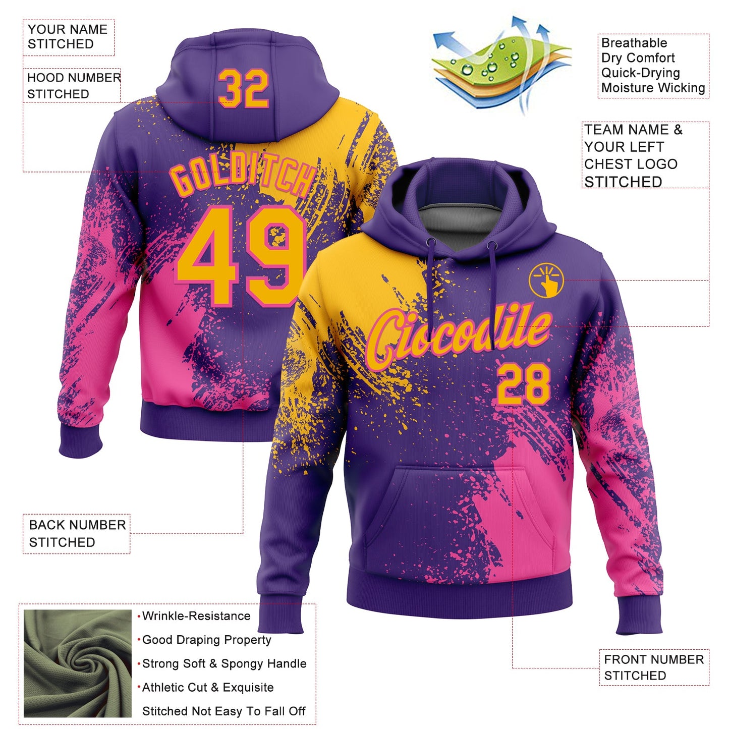 Custom Stitched Purple Gold-Pink 3D Pattern Design Abstract Brush Stroke Sports Pullover Sweatshirt Hoodie view 2