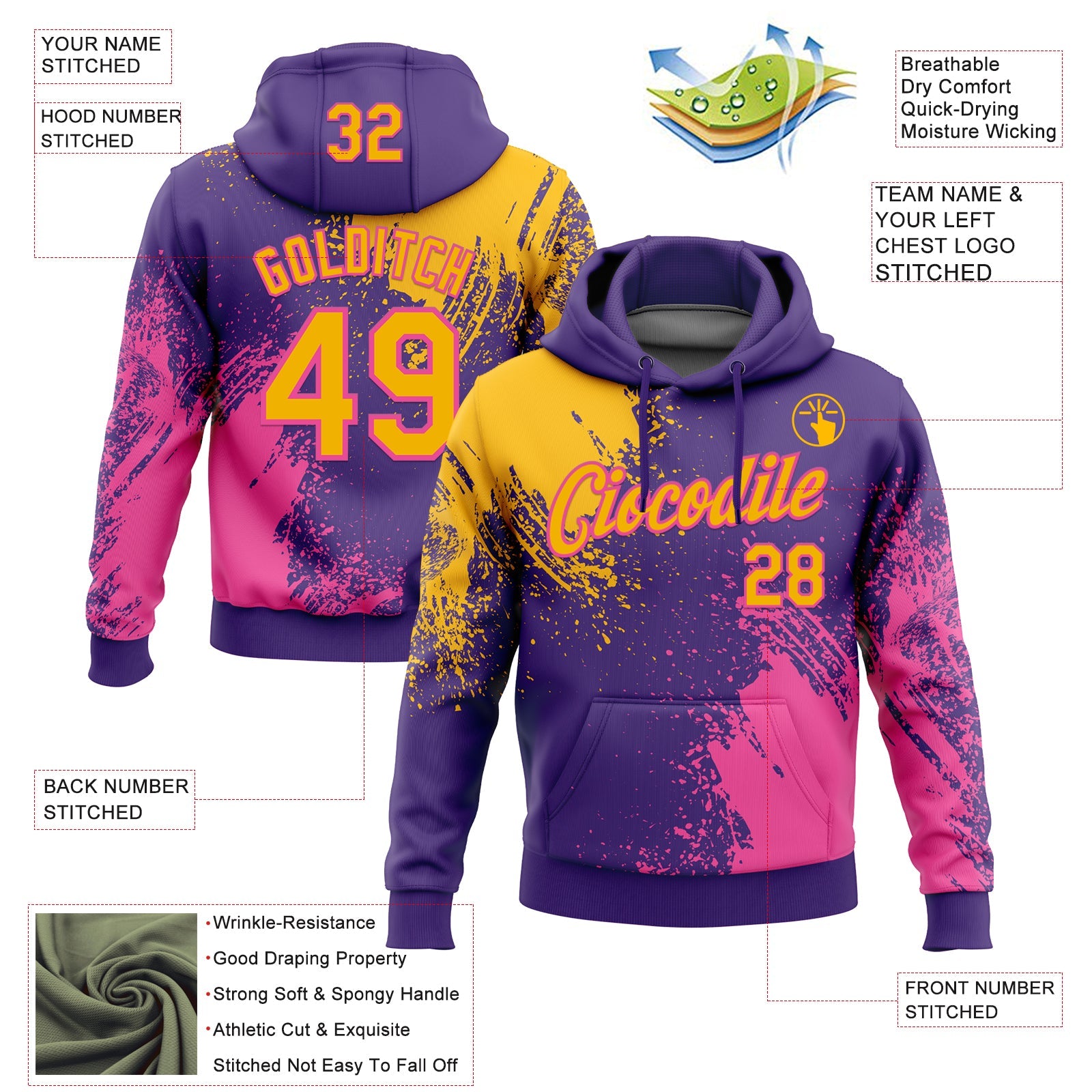 Custom Stitched Purple Gold-Pink 3D Pattern Design Abstract Brush Stroke Sports Pullover Sweatshirt Hoodie view 2