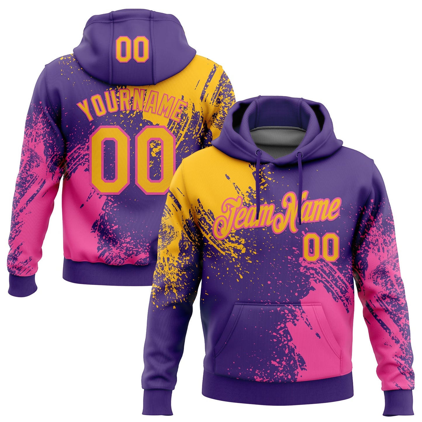 Custom Stitched Purple Gold-Pink 3D Pattern Design Abstract Brush Stroke Sports Pullover Sweatshirt Hoodie - Main View