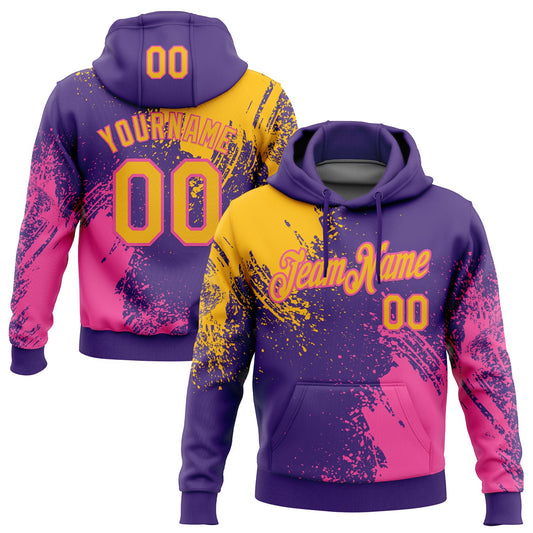 Custom Stitched Purple Gold-Pink 3D Pattern Design Abstract Brush Stroke Sports Pullover Sweatshirt Hoodie - Main View
