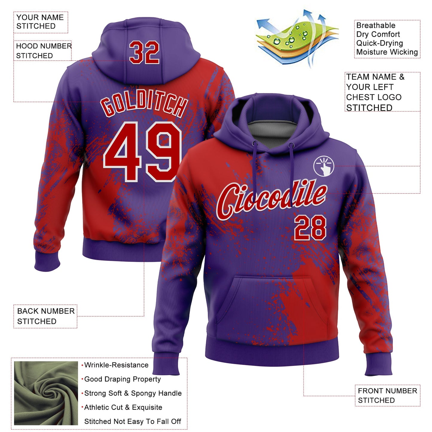 Custom Stitched Purple Red-White 3D Pattern Design Abstract Brush Stroke Sports Pullover Sweatshirt Hoodie view 2