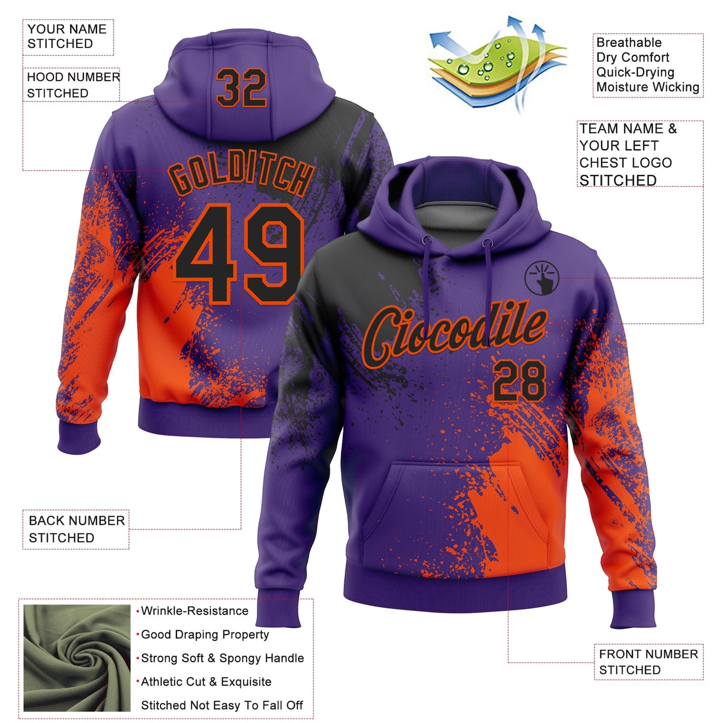 Custom Stitched Purple Black-Orange 3D Pattern Design Abstract Brush Stroke Sports Pullover Sweatshirt Hoodie view 2