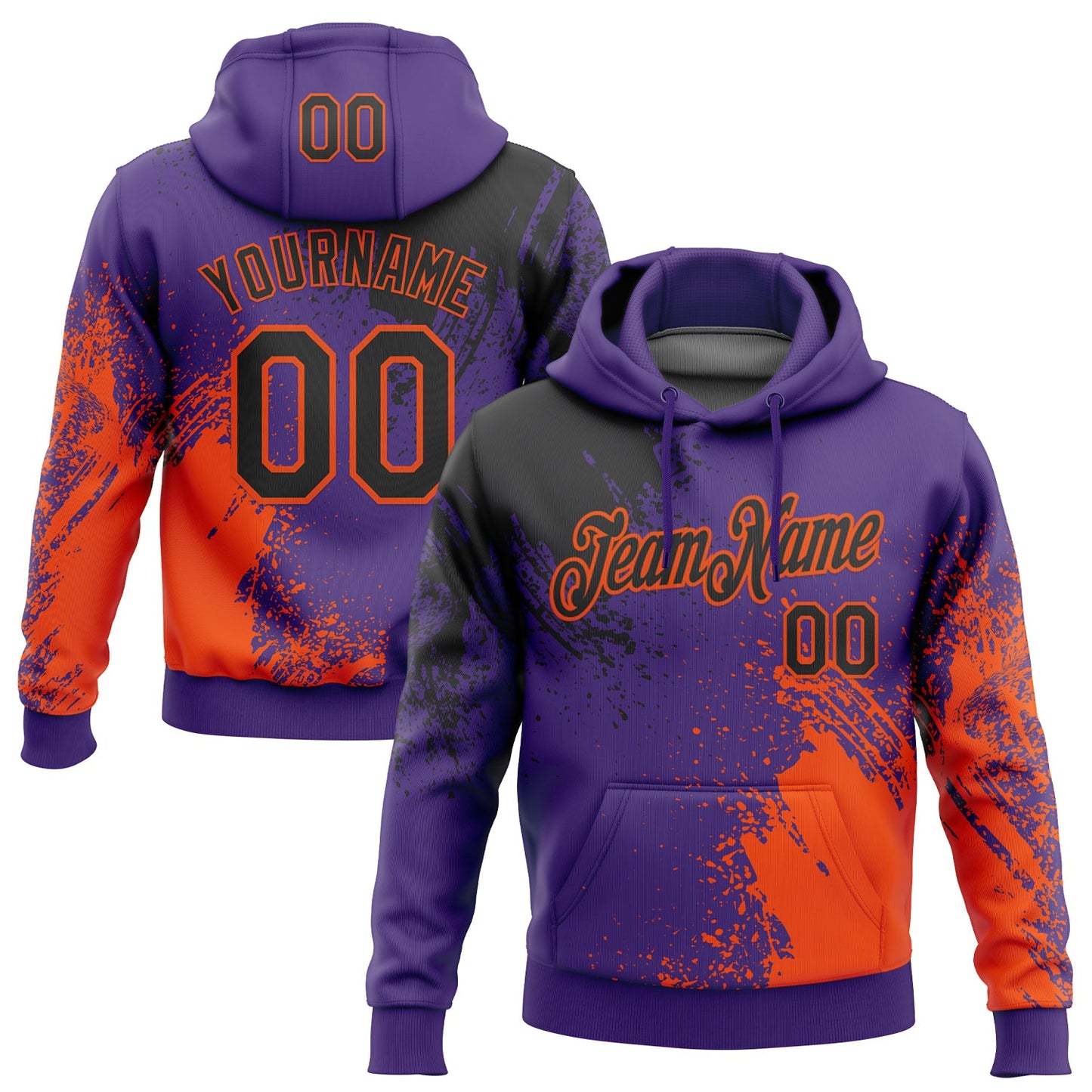 Custom Stitched Purple Black-Orange 3D Pattern Design Abstract Brush Stroke Sports Pullover Sweatshirt Hoodie - Main View