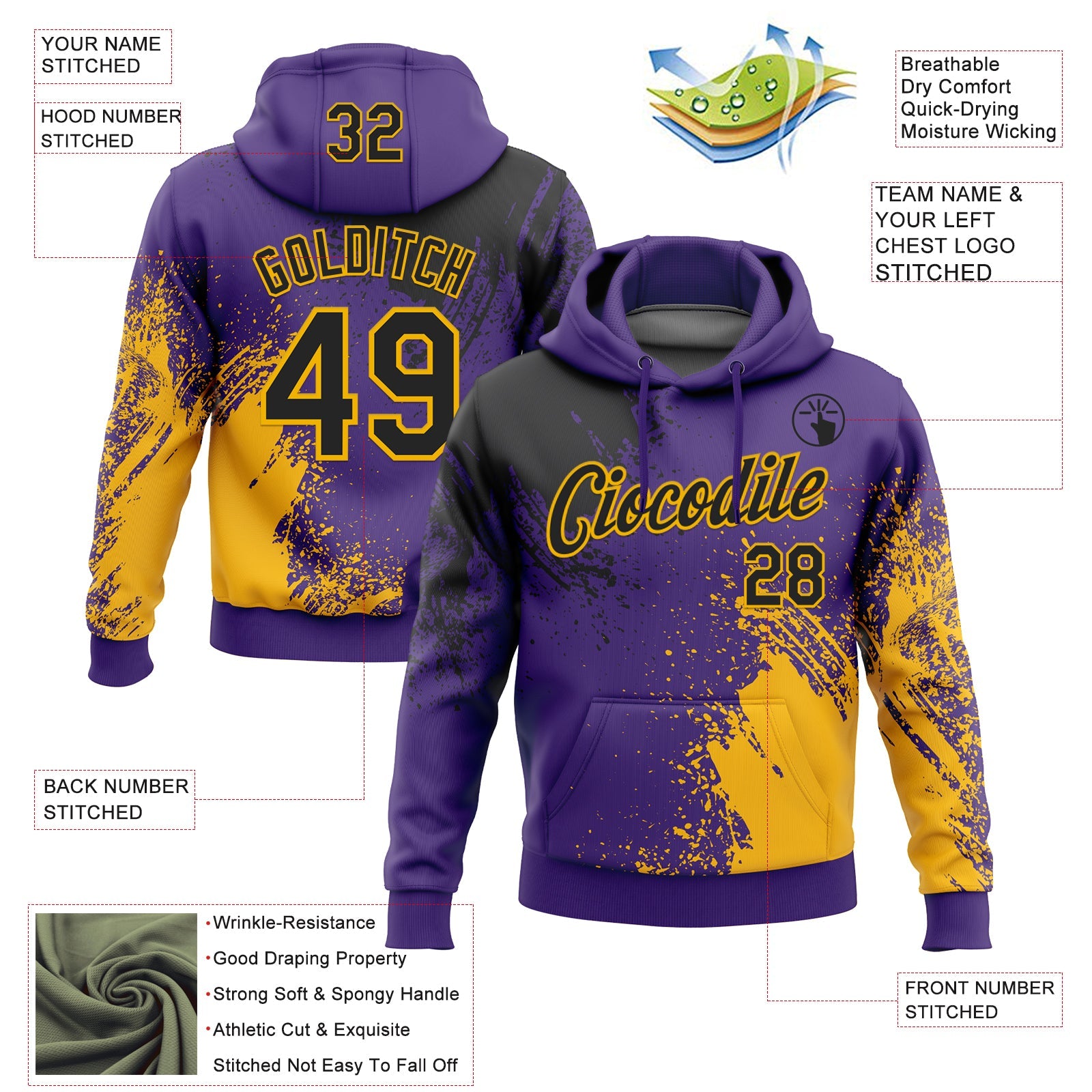 Custom Stitched Purple Black-Gold 3D Pattern Design Abstract Brush Stroke Sports Pullover Sweatshirt Hoodie view 2