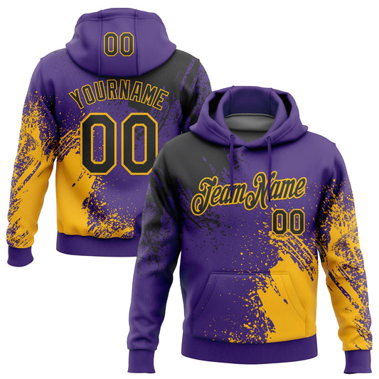 Custom Stitched Purple Black-Gold 3D Pattern Design Abstract Brush Stroke Sports Pullover Sweatshirt Hoodie - Main View